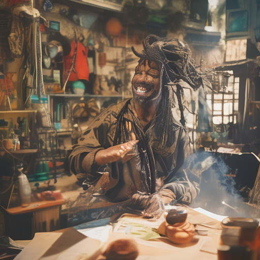 A black rastafarian is sitting on a worktable, smiling happily and smoking. the room is smoky. in custom style