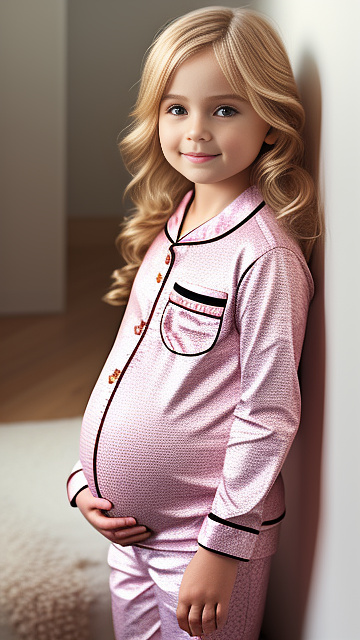 Realistic, detailed, 5-year-old blonde girl, in pajamas, pregnant  in custom style