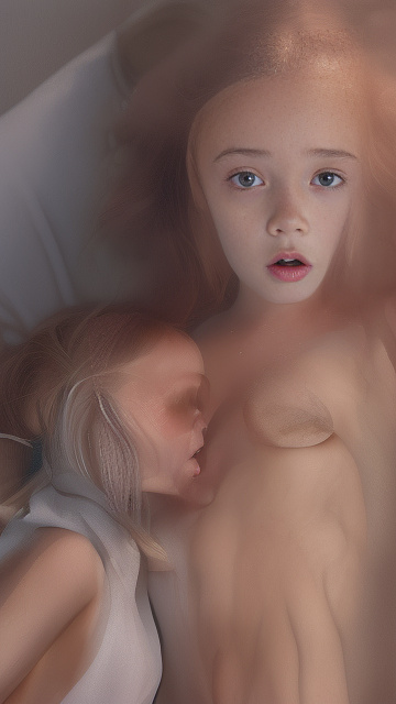 A 9-year-old naked girl is sucking another girl's breast. in custom style