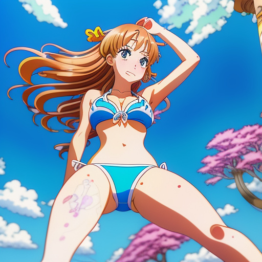 In between the legs of a girl in a bikini
 in anime style
