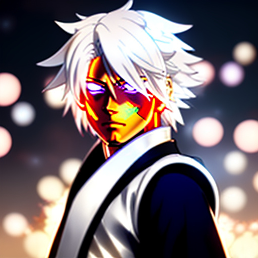 Anime- a white haired boy with a ice and gold high tech gun, with a flaming fists, red eyes, wearingblack and white clothes of gold and silver ornaments futuristic style,expose,penis

 in anime style