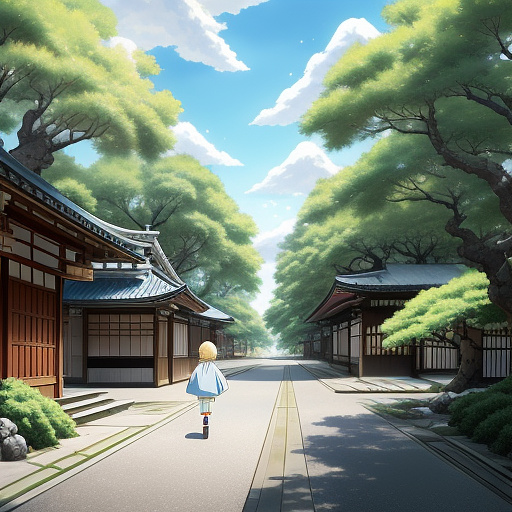 4-year-old girl with long straight blonde hair, blue eyes, short-sleeve yellow shirt, red denim pants (zipper zipped, fastener snapped) with pockets, white socks, white sneakers running in a park field in anime style