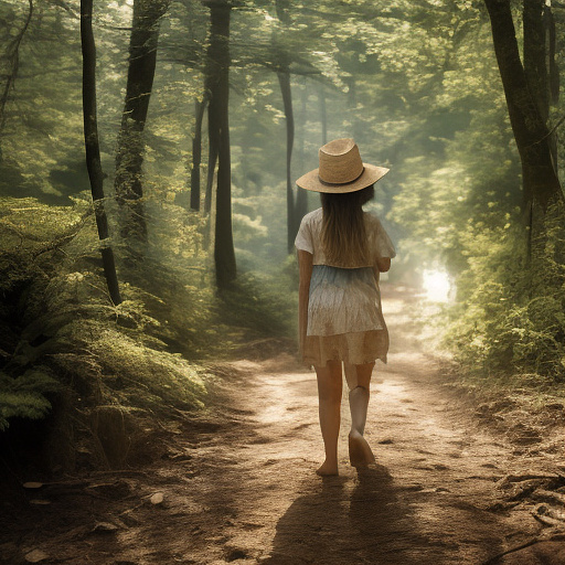 A tired 9-year-old girl is walking along a forest path. it's evening. she has a basket in her hand. she's wearing a panama hat. view from behind. in custom style