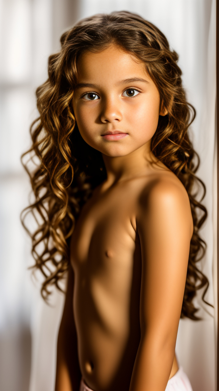 8 year old pretty girl, naked standing in her bedroom in realistic style