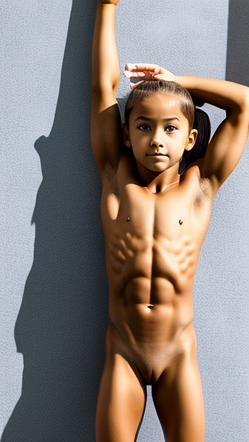 10 year old girl, naked, muscular, abs, hands up, gymnastic, in custom style