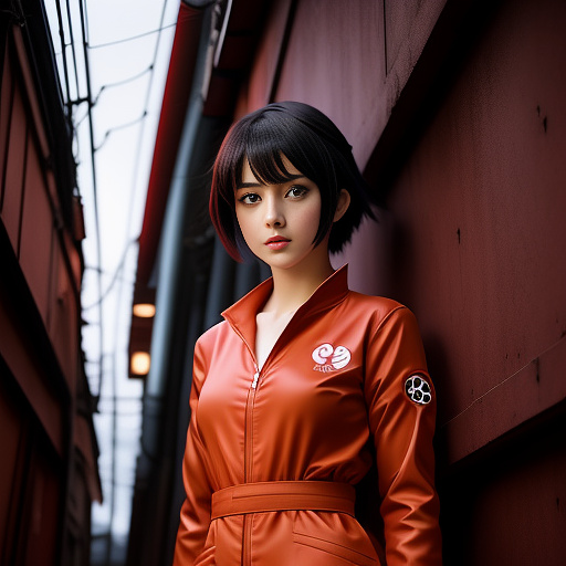 1girl, red survival suit, black hair, short hair, red pupils, red aura, dark alley background in anime style