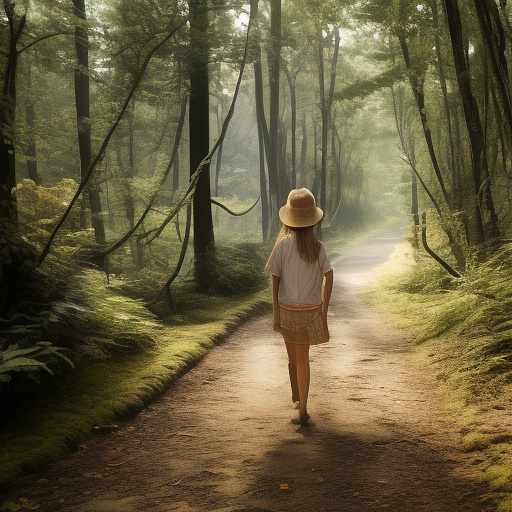 A tired 9-year-old girl is walking along a forest path. it's evening. she has a basket in her hand. she's wearing a panama hat. view from behind. in custom style