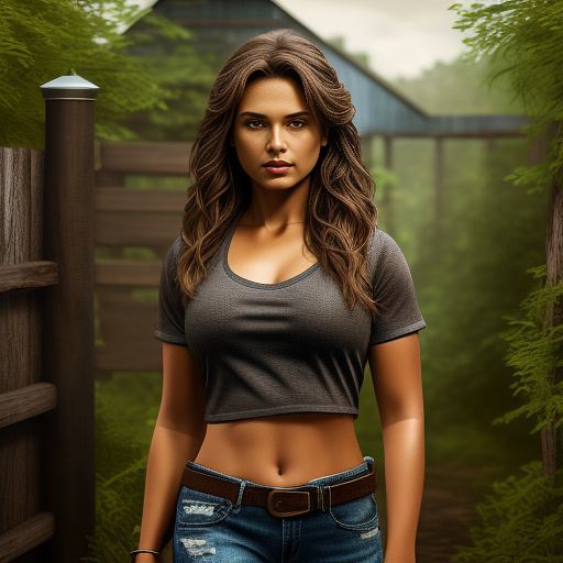 Extremely attractive 13 year old country girl with brown hair and big breasts wearing a really loose, dark brown, crop top t-shirt with jeans, boots, and a belt standing in front of a wood fence with chipped, white paint. in sci-fi style
