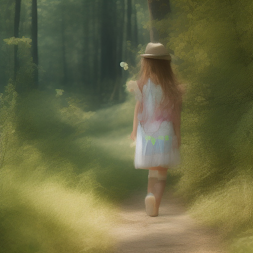 A 9-year-old girl is walking along a forest path. it's evening. she has a basket in her hand. view from behind. in custom style