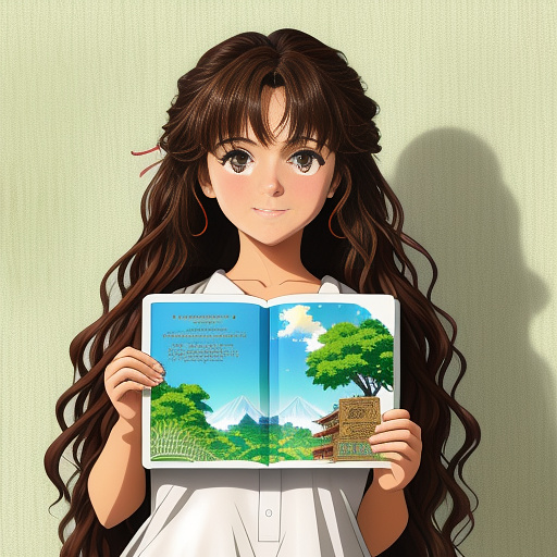 Some afghan girl with wavy hair have passport in his hand and is happy. background just be color green. in anime style