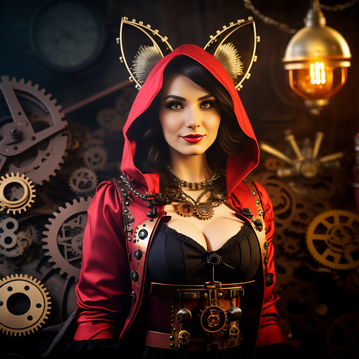 Anthropomorphic fox as little red riding hood in steampunk style