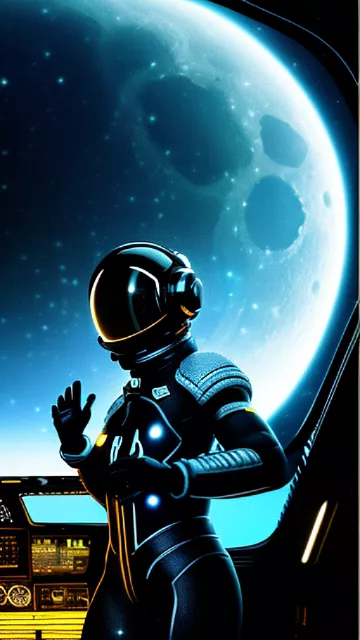 Female astronaut with short hair in a body glove, standing in a cockpit looking out of the windshield into space above the moon as seen from behind. in angelcore style