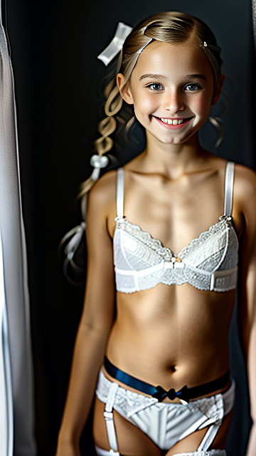  white, blonde, very cute, girl 12 years old, almost bald, lace bra, smiling, garter belt, in custom style
