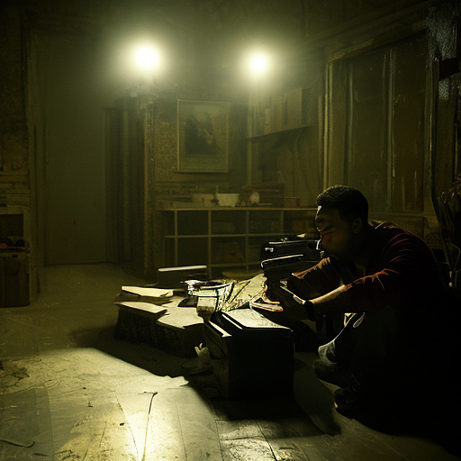 In a dark room, there is a telephone and a gun on the table. a man is sitting on a chair, and he is dead. in custom style