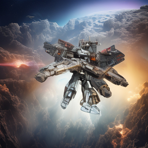 A cheerful transformer flies through space against the backdrop of planets. in sci-fi style