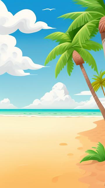 A simple style beach background with two palm trees and organic clouds in disney painted style