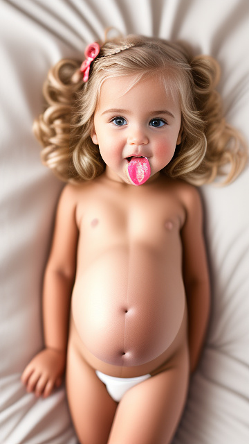 Realistic, detailed, 4-year-old blonde girl, pregnant, wedding outfit, showing belly, laying in bed, top down full body view, red blush, tan skin, mouth open, milk in mouth  in custom style