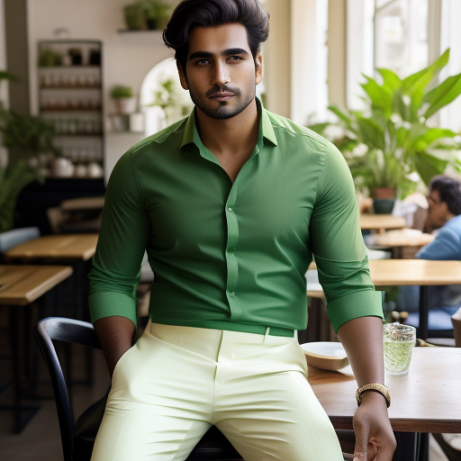 A handsome boy in light green shirt and cream pant in a cafe in custom style