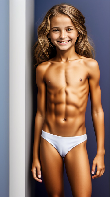 10 year old girl, naked, smiling, skinny, lean, strong abs, small hips in custom style