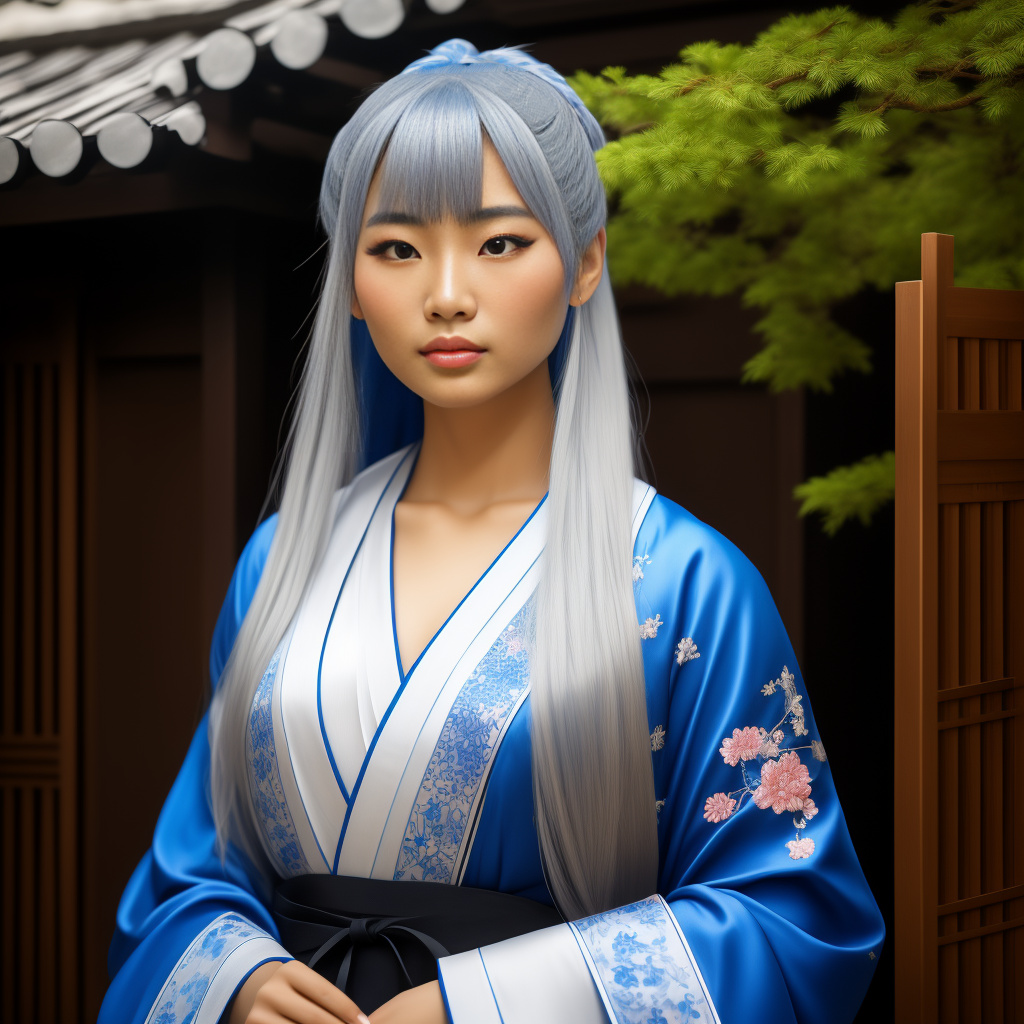 "a hyper-realistic photo of a beautiful east asian woman inspired by a manga character. she has long, straight silver-white hair with front bangs and a traditional half-up hairstyle tied with a blue ribbon. her eyes are large and blue, slightly blushing cheeks, with a shy and soft expression. she wears a traditional dark blue hanfu-style robe with golden embroidery. she's holding chopsticks near her lips as if eating, standing in a traditional east asian courtyard with mountains in the back. realistic lighting, dslr photo quality, soft background blur." in realistic style