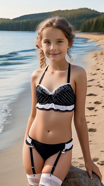 A romantic moment between a german childhood couple. the  grade-6 boy is touching the hips of grade-6 girl, wearing her bikini and garter belt. in custom style