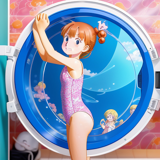 Girl happily watching her mother’s one piece swimsuit shrink to her size in the dryer it in anime style