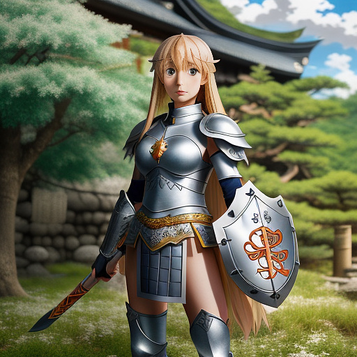 Naked female knight with a sword and shield
 in anime style