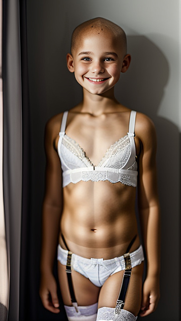  white, blonde, very cute, girl 12 years old, bald head, lace bra, smiling, garter belt, in custom style