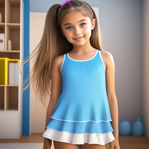 A seven year old girl, with light brown straight hair down to her shoulders, light brown eyes, and is wearing a cute light blue dance outfit in disney 3d style