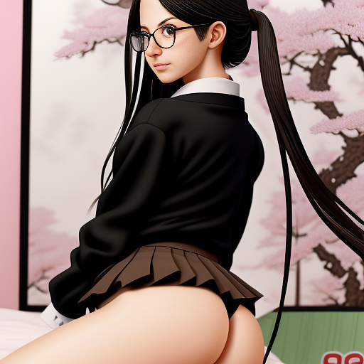 Ultra realistically a 22 year old german girl with a black braid with glasses and brown eyes 1.70 tall thin with a cell phone in hand with schoolgirl uniform with a spreading legs on the bed and with underwear with opening in the crotch you can see her vagina and her anus in anime style