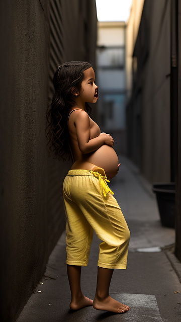 Pregnant, 7 years old, jenna ortega, yellow panties, topless, alleyway, screaming in pain, crying  in custom style