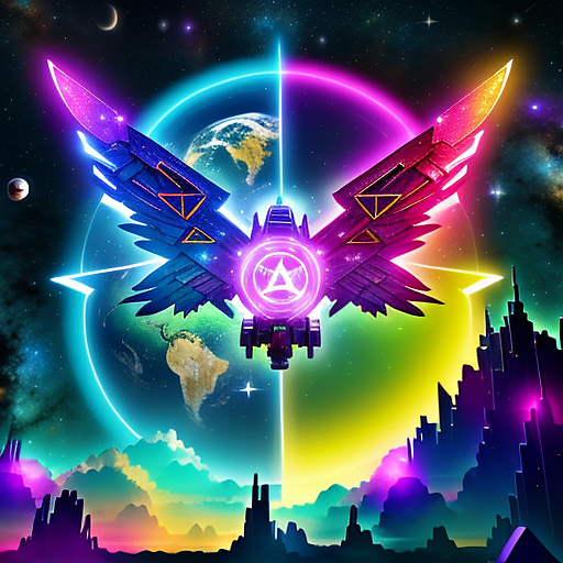 A cheerful transformer flies through space against the backdrop of planets. in angelcore style