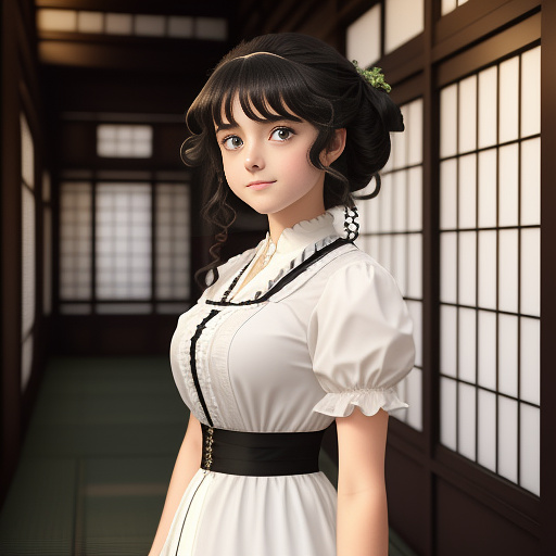 A girl who must be wearing a victorian dress. she must have short black curls and green eyes. in anime style
