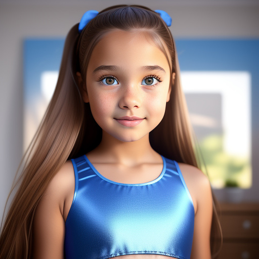 A seven year old girl, with light brown straight hair down to her shoulders, dark brown eyes, and is wearing a cute light blue dance outfit in disney 3d style