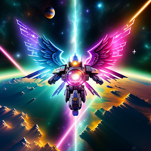 A cheerful transformer flies through space against the backdrop of planets. in angelcore style