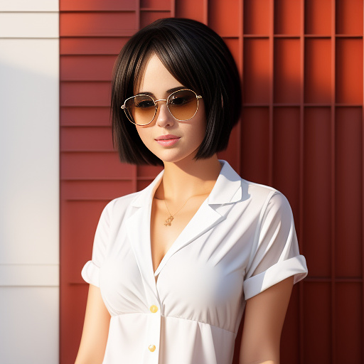 A very beautiful woman wearing sunglasses. she must have short black hair. she must be wearing a white shirt with a red vest on it. in anime style