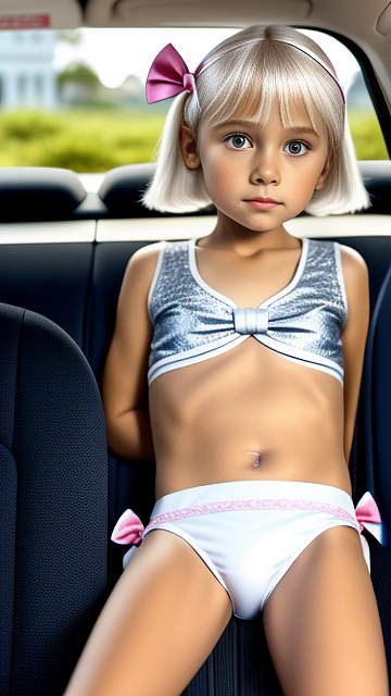 A thin blonde 9 years old in a school uniform and white children's panties, with short white hair, she languidly lies in the car in the back seat, her legs are spread apart, bows on her head in disney painted style