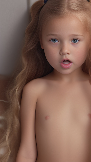 A 9-year-old naked girl is sucking another girl's breast. in custom style