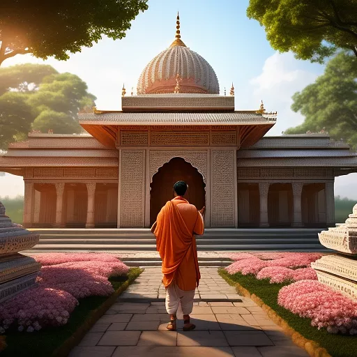 Generate a realistic 3d image of a 21-year-old boy standing in prayer before lord ram return to ayodhya. the boy, clad in a saffron t-shirt with “akhilesh” boldly written in white letters, gazes at lord ram, lord ram bears a bow and arrow on his back. surrounding them, people welcome the divine moment with flowers while a newly constructed ram temple graces the background at sunrise in anime style