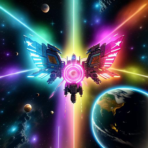 A cheerful transformer flies through space against the backdrop of planets. in angelcore style