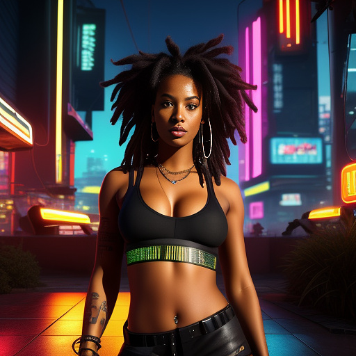 Sexy black women with dreads and a small crop top

 in cyberpunk style