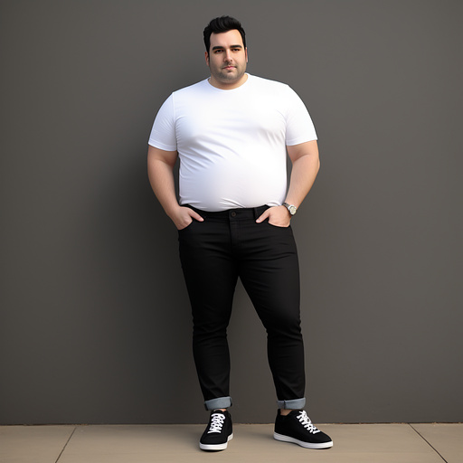 Full body obese dark haired white man without beard and huge belly in jeans with black shoes in custom style