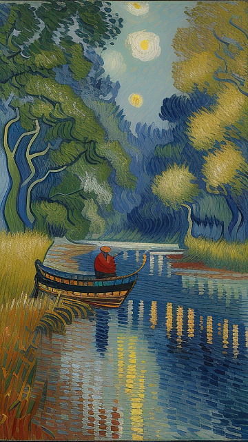  a vangough style man fishing in neo impressionism style