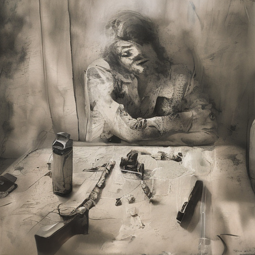 In a dark room, there is a telephone and a gun on the table. a man is sitting on a chair, and he is dead. in custom style