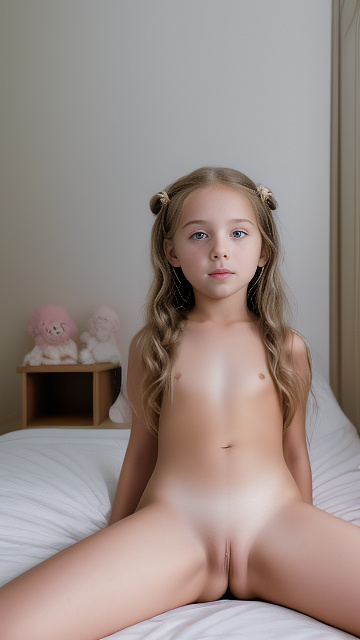 A 7-year-old girl lies naked on a bed and masturbates. in custom style