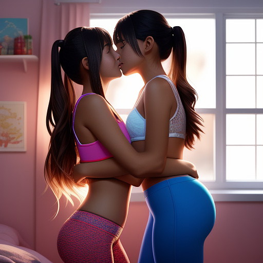 A romantic moment between a childhood couple in a cozy bedroom. the 11-year-old sexy hot girl, wearing a light, stylish bras and yoga pants, shares a gentle kiss with her 11-year-old boyfriend.  in anime style