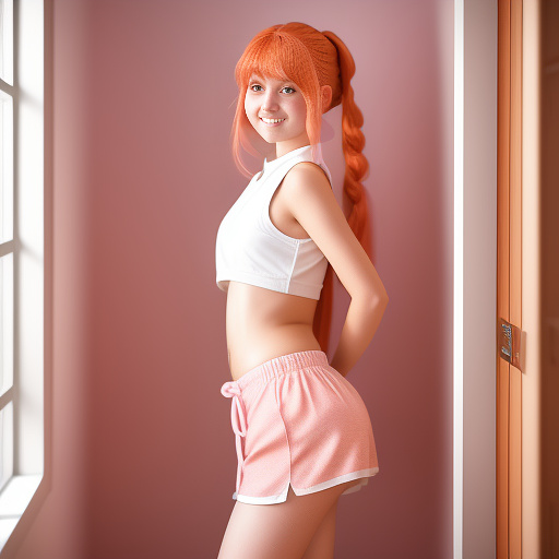 Little young girl kid whit pony tail in shorts and mid size skirt that show her belly, smile while show her in pink hair half orange hair at short size, tiny stature and round eyes , doing a pose that curve her body and greet on camera.
in a room whit a window on a corner in anime style