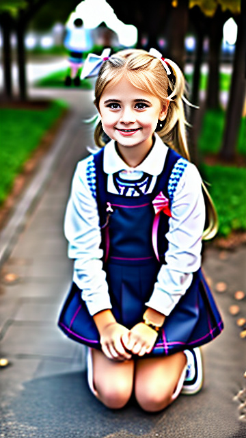 White, blonde, very cute, girl 7 years old , girl on her knees , school outfit, smiling, next to uncle, both people shown in picture, in custom style