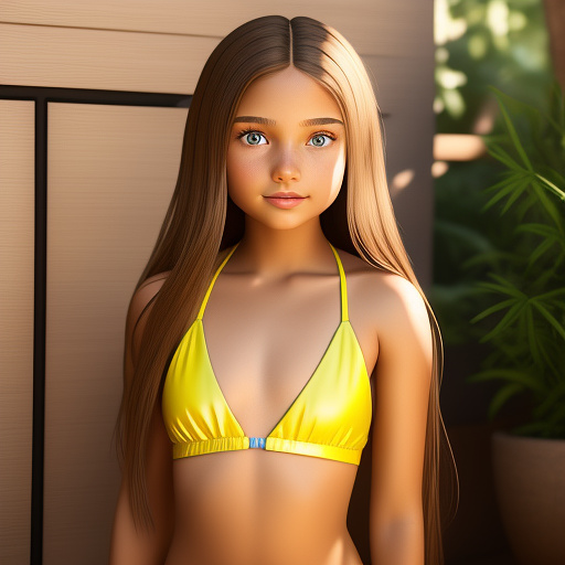 An eleven year old girl with light brown mid length straight hair, light brown eyes, wearing makeup and is wearing a two piece yellow bikini at her house in disney 3d style