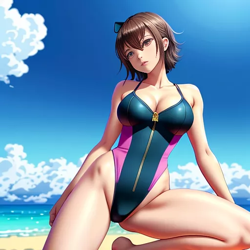 Camren bicondova, girly one piece swimsuit, on her knees, legs spread, fantasy location  in anime style